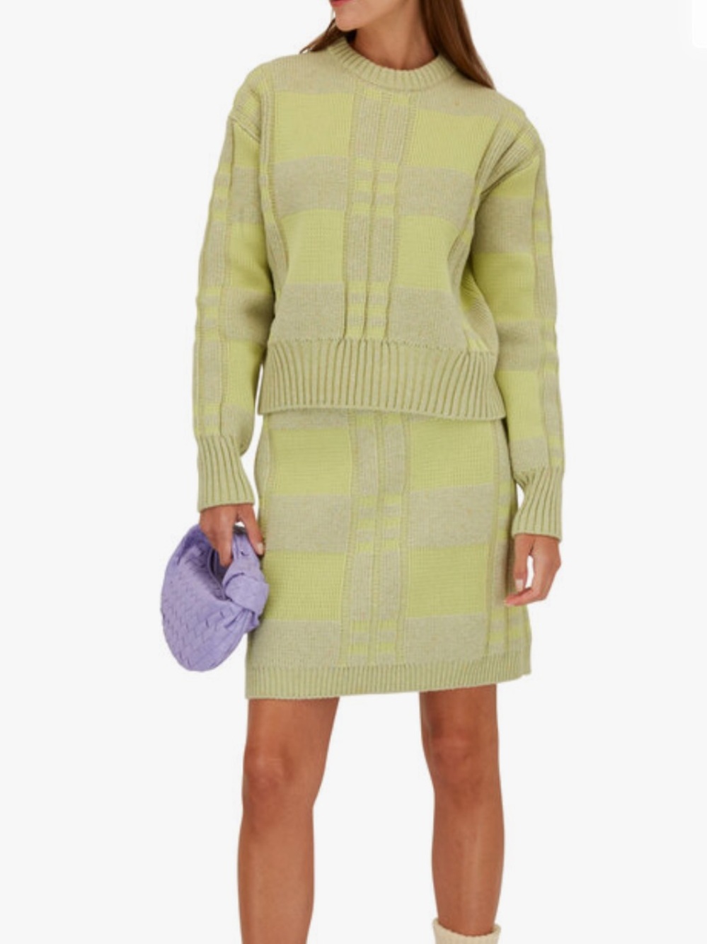 Bottega Veneta Lime & Pale Gray Striped Waffle Knit Crewneck Sweater. Size Small